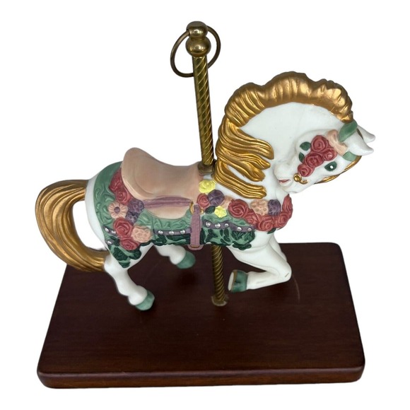 Paul Sebastian Ceramic White Carousel Horse Flowers Golden Mane & Tail Wood Base - Picture 9 of 10